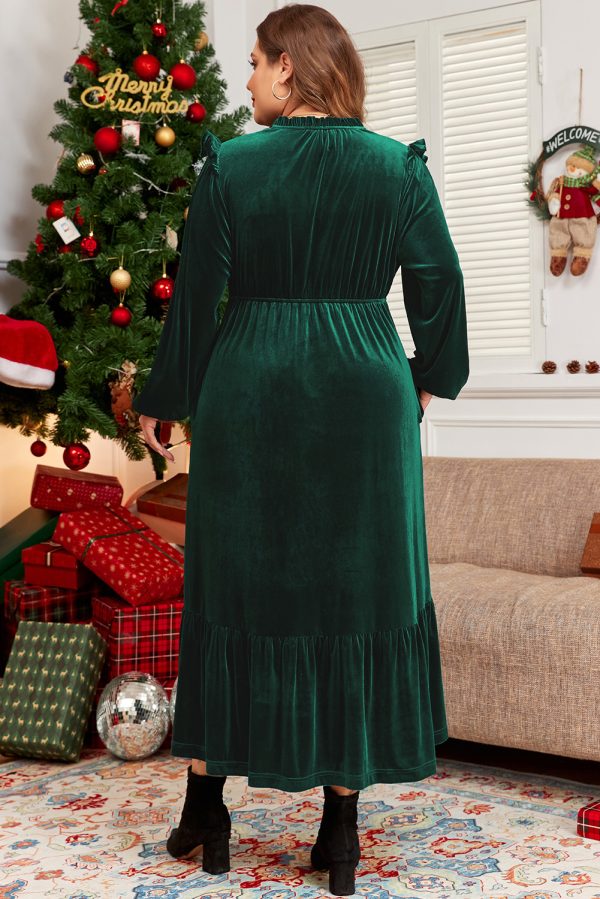 Blackish Green Velvet Frilled up Neck Ruffled High Waist Plus Size Midi Dress - Image 2