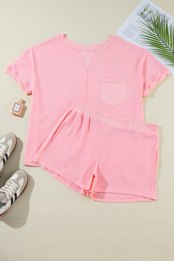 Pink Plus Size Ribbed Exposed Seam Tee and Shorts Set - Image 3