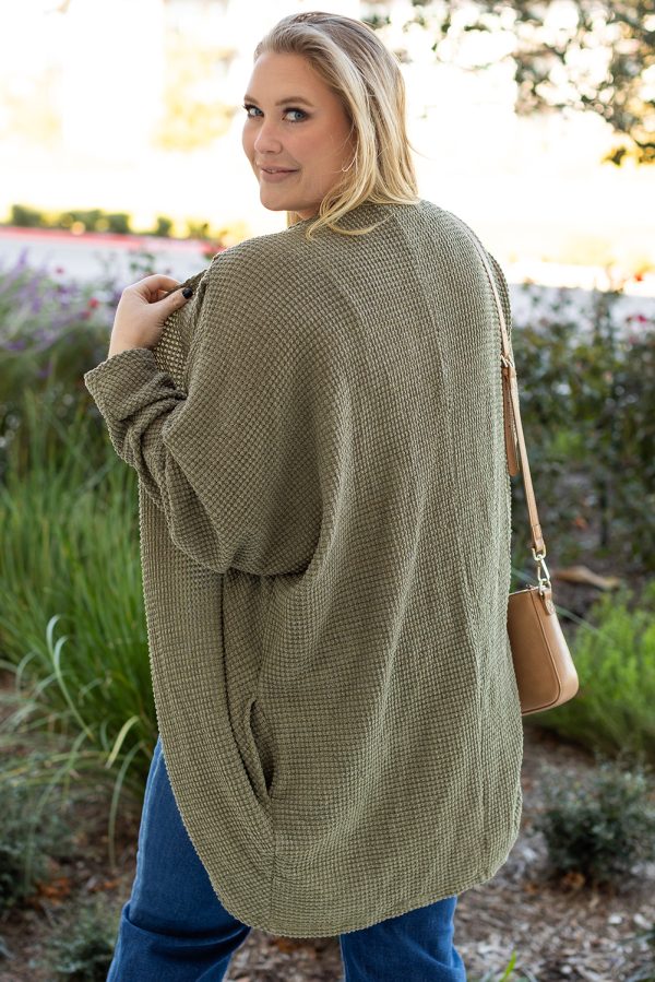 Seagrass Waffle Knit Drop Shoulder Open Front Pocketed Plus Size Cardigan - Image 2