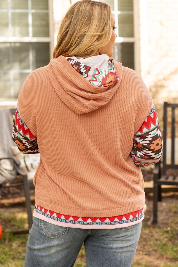 Khaki Aztec Patchwork Waffle Knit Plus Size Hoodie - Image 2