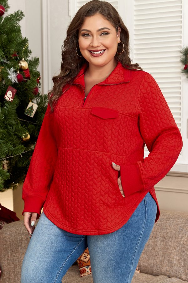 Tomato Red Cable Textured Quarter Zip Pocketed Plus Size Pullover - Image 3