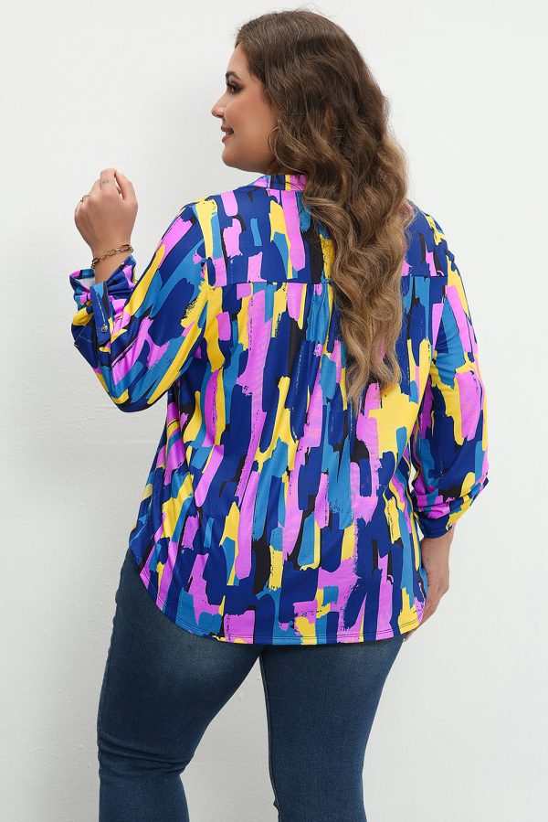 Blue Plus Size Brushstroke Print 3/4 Sleeve Blouse - Image 3