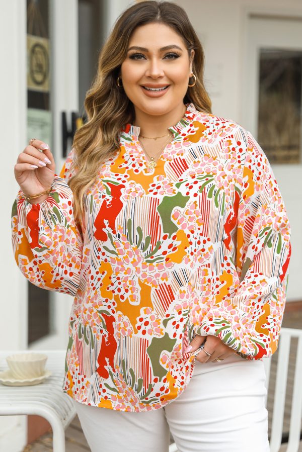 Orange Printed Floral Abstract Print Frilled V Neck Plus Size Blouse - Image 3