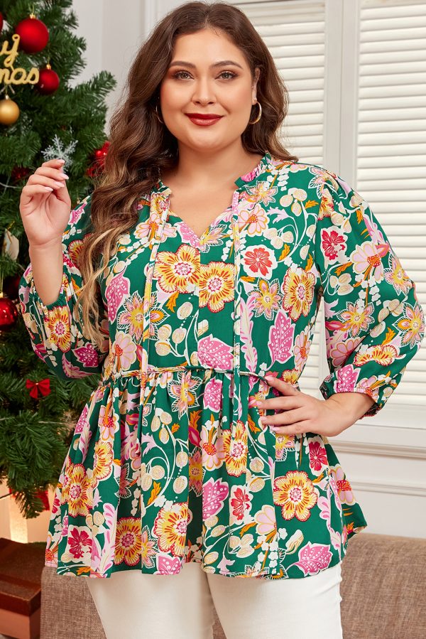 Green Floral Tied V Neck Long Sleeve Plus Size Babydoll Top - Image 3