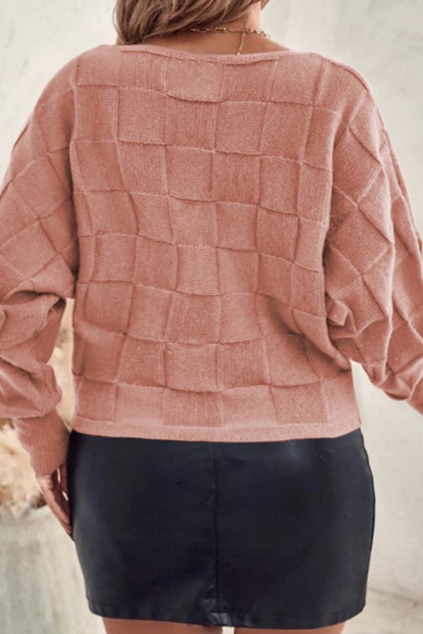 Light French Beige Solid Checkered Textured Knit Plus Size Sweater - Image 5