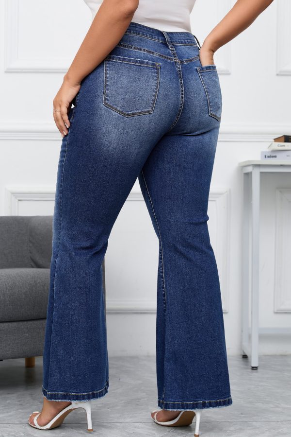 Dark Blue Plus Size Stitching Washed Flare Jeans - Image 2