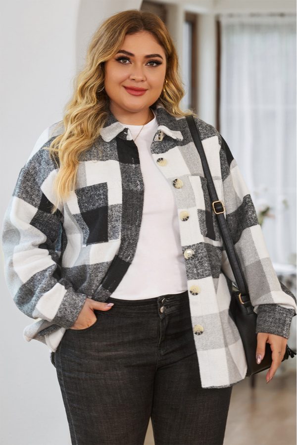 Gray Plus Size Checkered Button-Up Shacket - Image 3