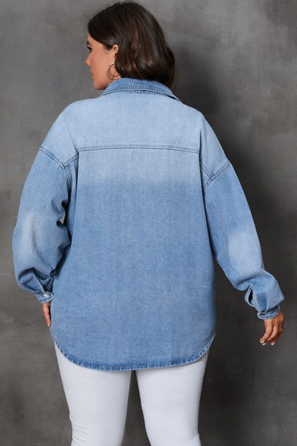 Sky Blue Plus Size Chest Pocket Button-Up Denim Shacket - Image 2