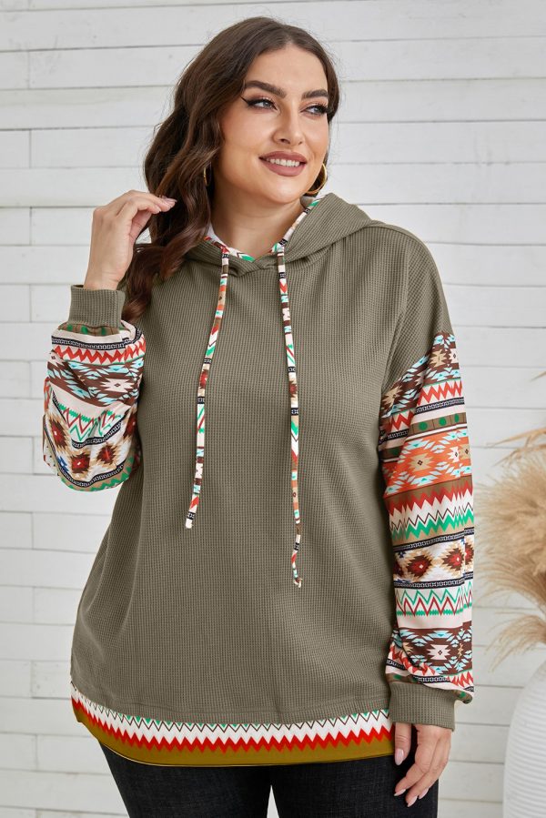 Jungle Green Aztec Patchwork Sleeve Waffle Drawstring Plus Hoodie - Image 3