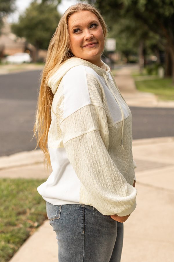 Beige Textured Patchwork Exposed Seam Plus Size Hoodie - Image 3