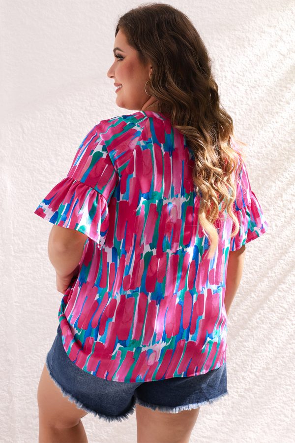 Rose Plus Brushstroke Ruffle Sleeve Button V Neck Blouse - Image 3