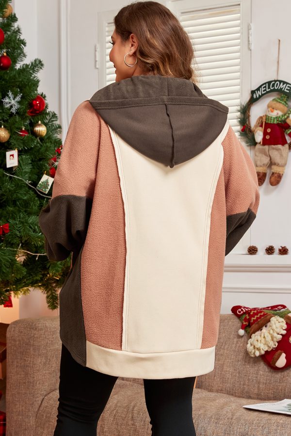 Brown Exposed Seam Colorblock Plus Size Hoodie - Image 2