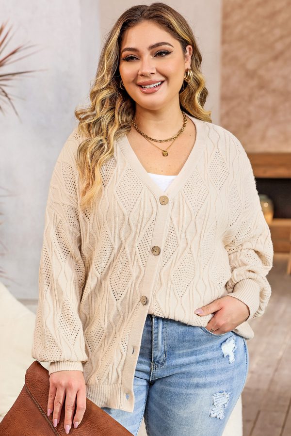 Apricot Plus Size Knitted Hollow out Button up Cardigan - Image 3