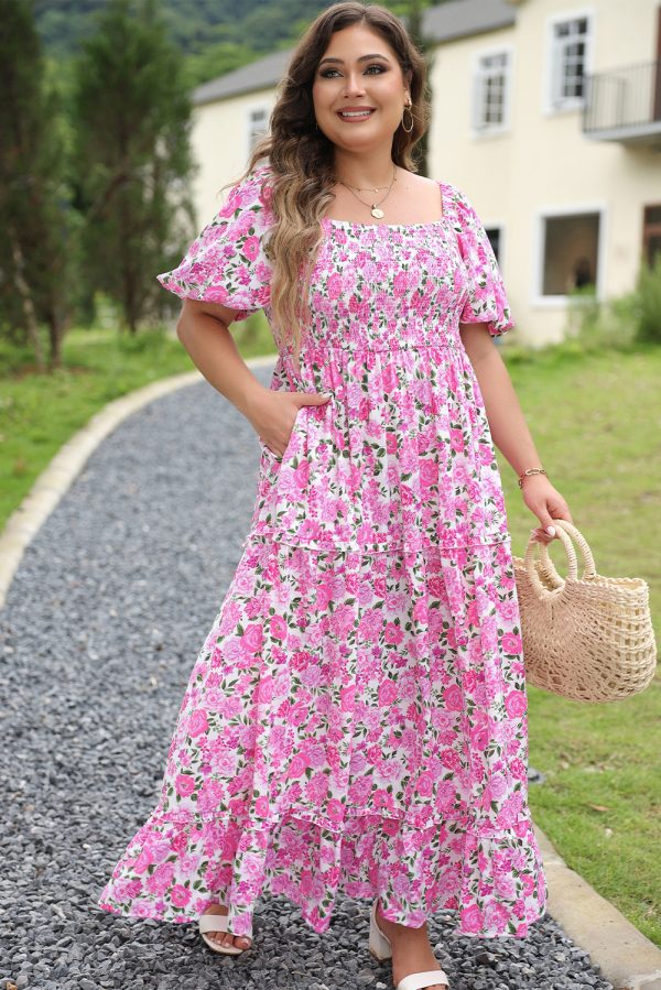 Pink Plus Size Floral Print Smocked Puff Sleeve Dress - Image 3