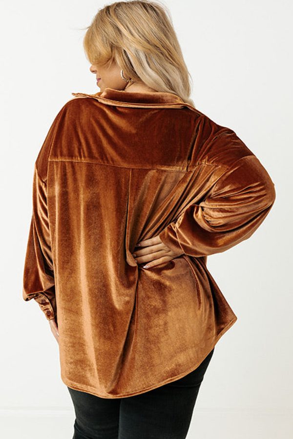 Chestnut Plus Size Velvet Chest Pocket Drop Shoulder Shirt - Image 2