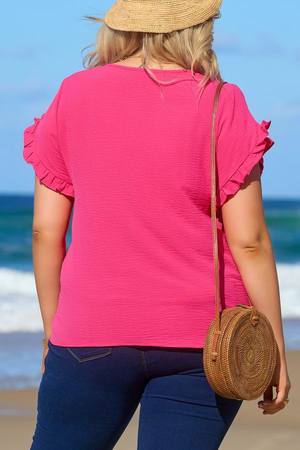 Bright Pink Ruffled Short Sleeve Plus Size Top - Image 2