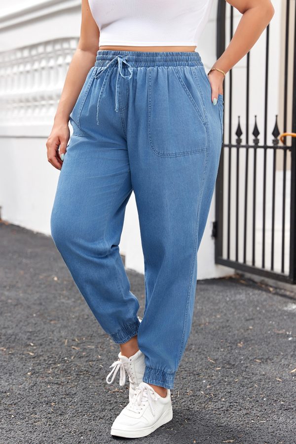 Dusk Blue Drawstring Waist Pocketed Plus Size Denim Joggers - Image 3