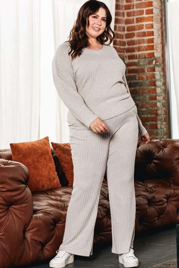 Parchment Plus Size Ribbed V Neck Pullover and Pants Set - Image 3