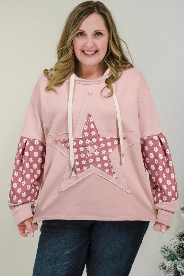 Delicacy Star Patch Graphic Floral Color Block Drawstring Plus Size Hoodie - Image 2