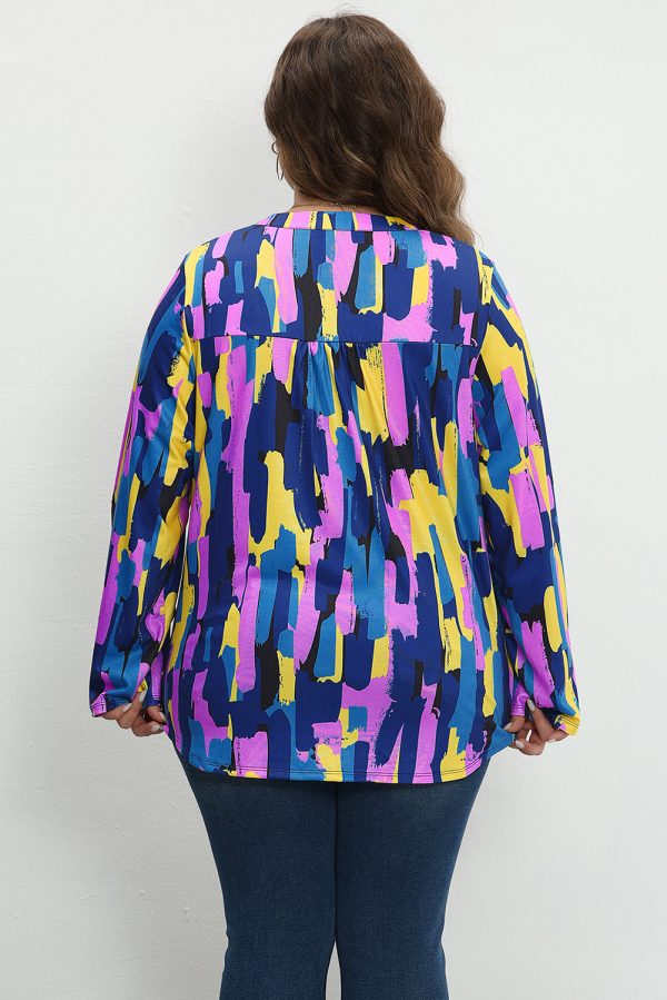 Blue Plus Size Brushstroke Print 3/4 Sleeve Blouse - Image 2