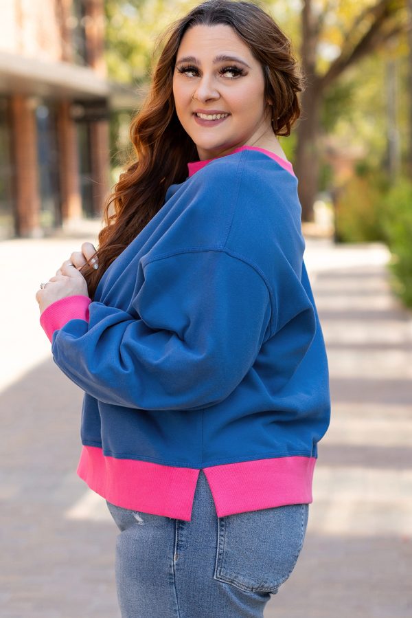 Sky Blue Color Block Edge Balloon Sleeve Plus Size Sweatshirt - Image 3