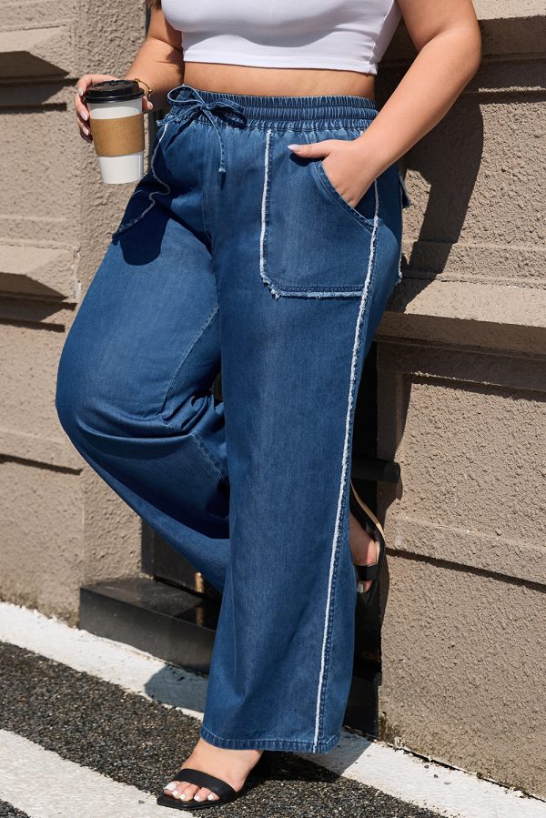 Sail Blue Washed Denim Chambray Loose Plus Size Pants - Image 2