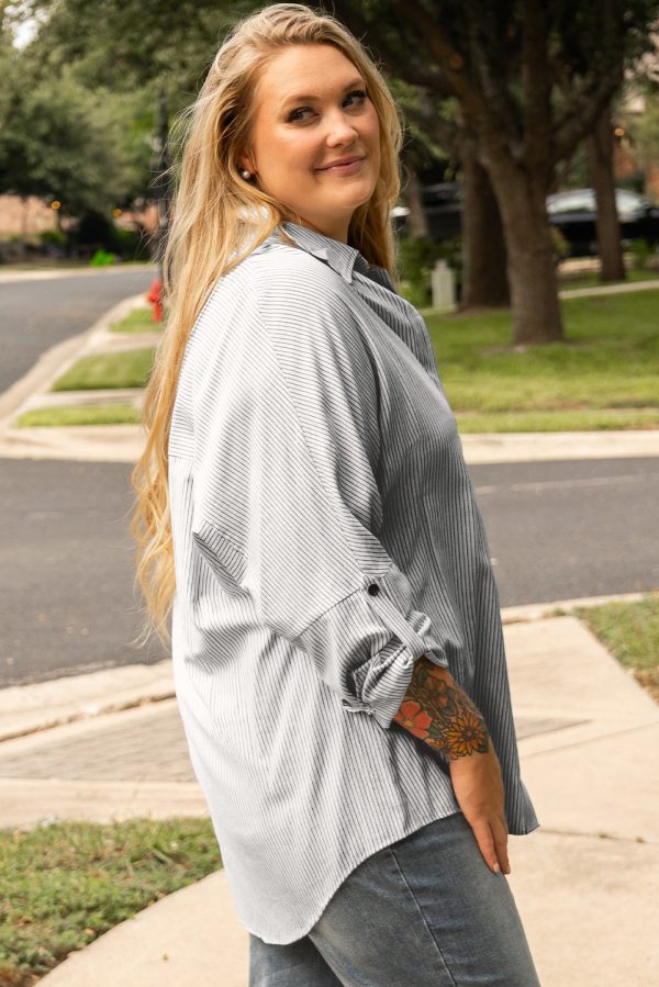 White Stripe Rolled Tab Sleeve Buttoned Plus Size Shirt - Image 3