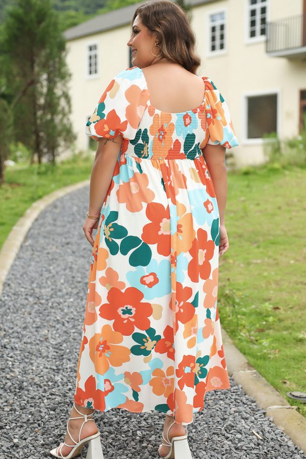 Orange Plus Size Flower Print Shirred Square Neck Maxi Dress - Image 2