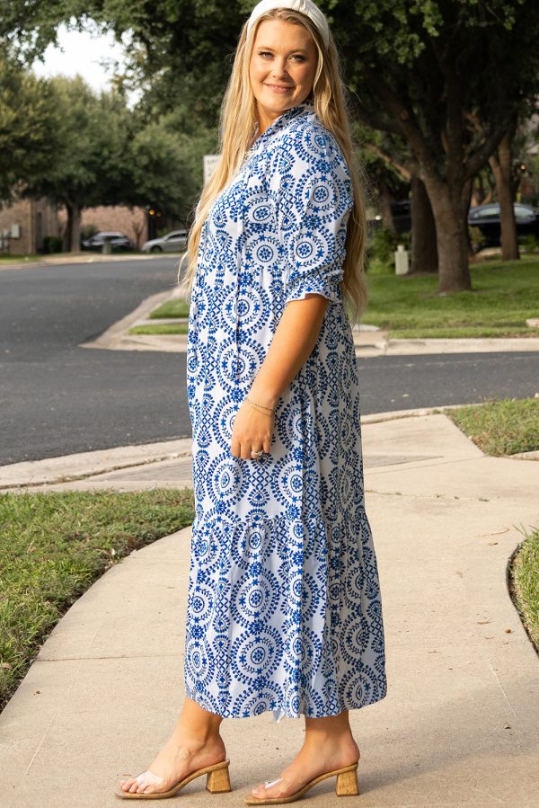 Sky Blue Geometric Print Lace-up Notch Neck Plus Size Maxi Dress - Image 3