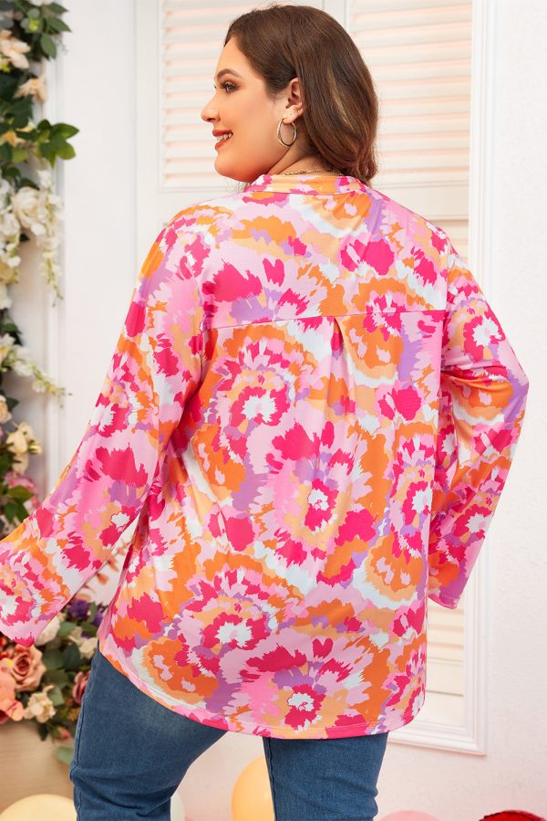 Pink Plus Size Abstract Floral Print V Neck Blouse - Image 2