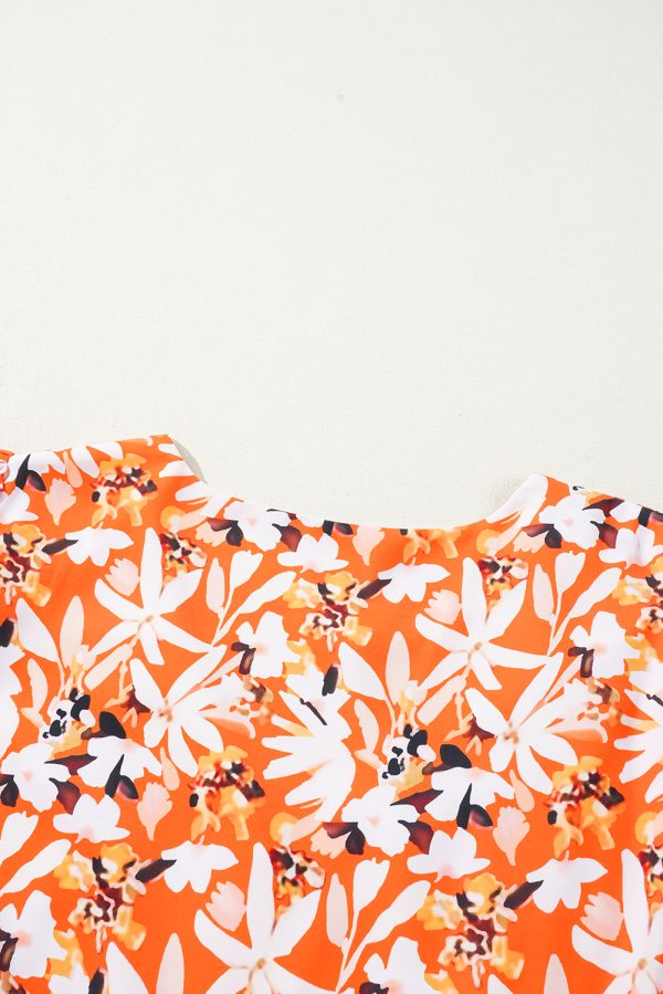 Orange Floral Print Split V Neck Bubble Sleeve Plus Size Midi Dress - Image 12