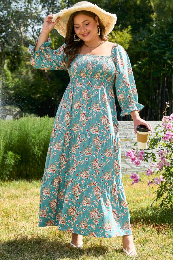 Green Plus Size Floral Print Square Neck Smocked Maxi Dress - Image 8