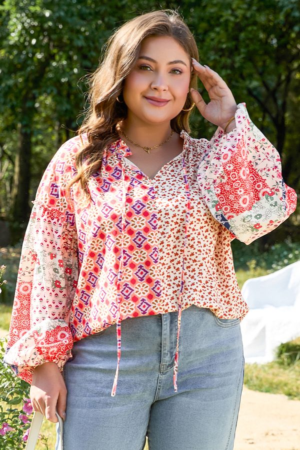 Orange Floral Geometric Patchwork Lace-up Crewneck Plus Size Blouse - Image 4