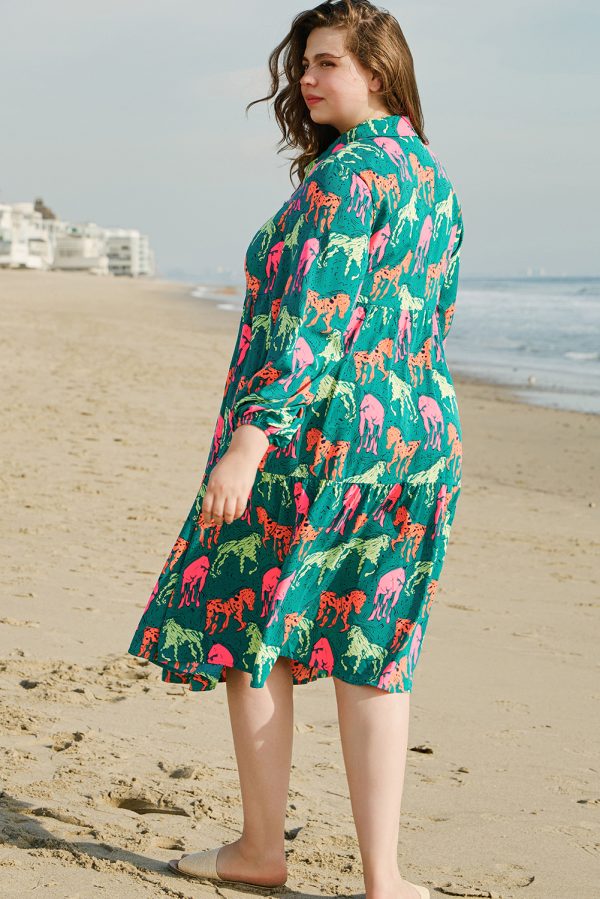 Green Horse Printed Long Sleeve Collared Buttoned Plus Size Midi Dress - Image 2