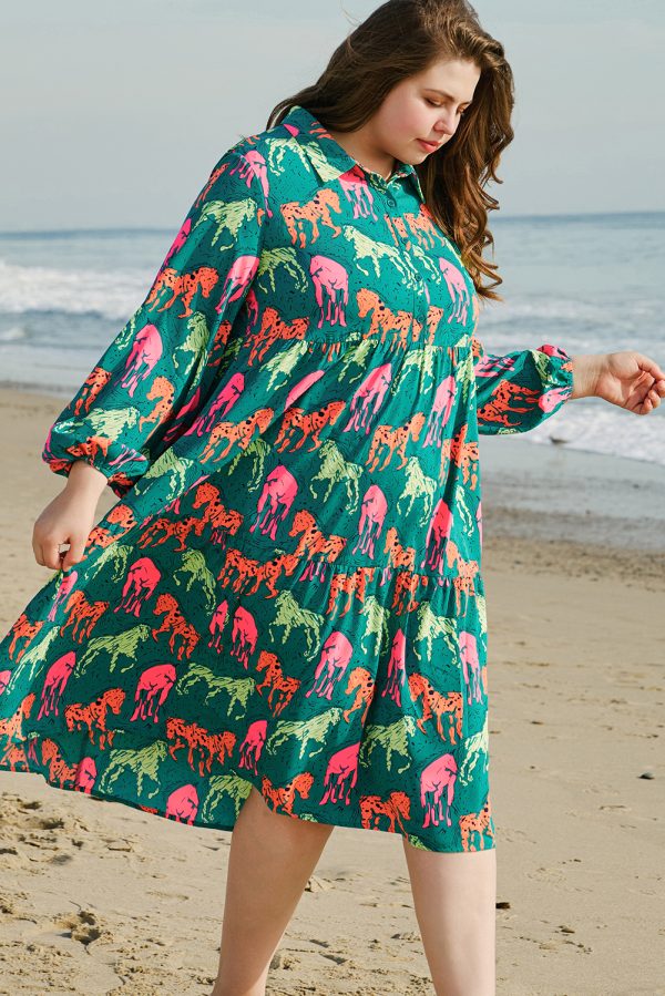 Green Horse Printed Long Sleeve Collared Buttoned Plus Size Midi Dress - Image 4