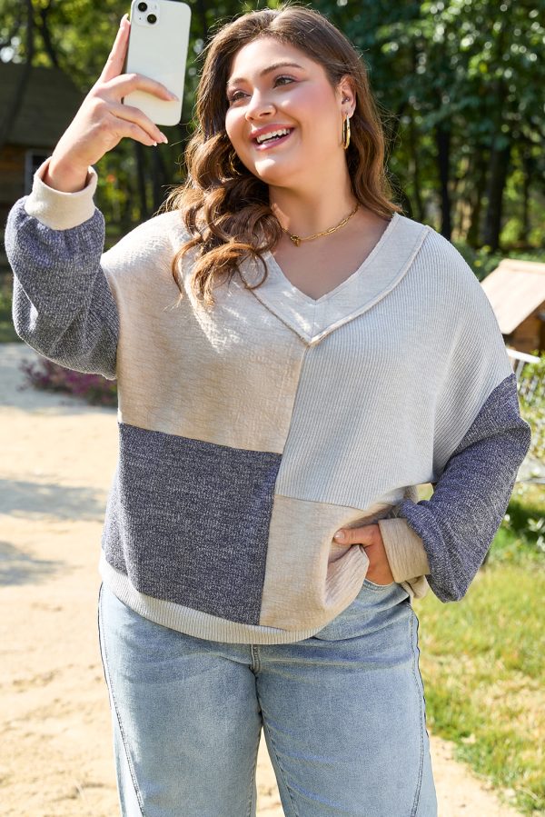 Ashleigh Blue Plus Size Textured Colorblock Patchwork V Neck Top - Image 7