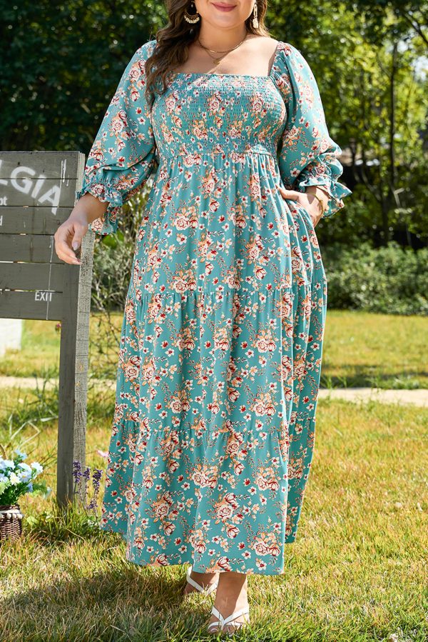 Green Plus Size Floral Print Square Neck Smocked Maxi Dress - Image 10