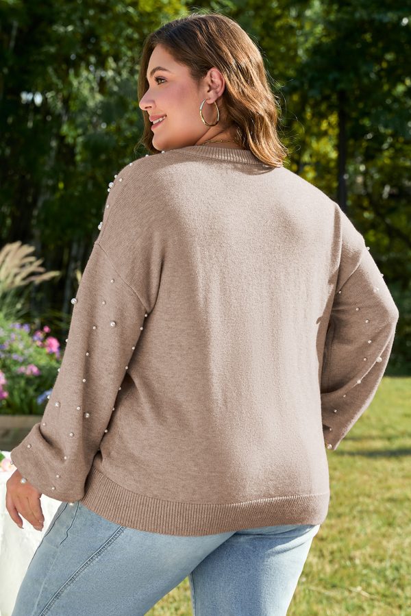 Smoke Gray Pearled Drop Shoulder Plus Size Sweater - Image 5