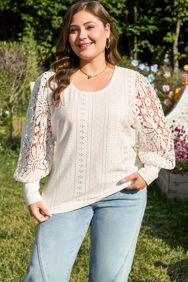 Apricot Contrast Floral Guipure Lace Lantern Sleeve U Neck Plus Size Blouse - Image 8