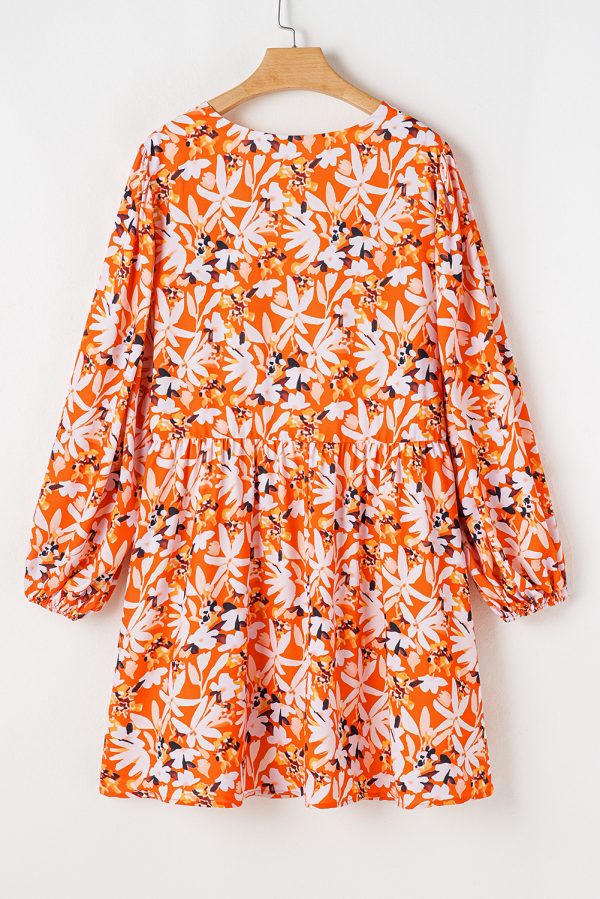 Orange Floral Print Split V Neck Bubble Sleeve Plus Size Midi Dress - Image 11