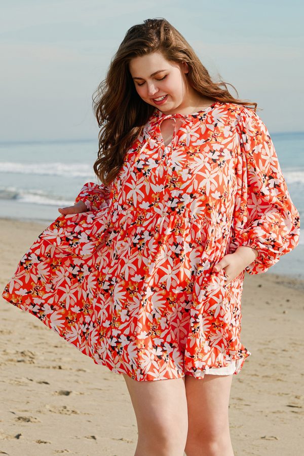 Orange Floral Print Split V Neck Bubble Sleeve Plus Size Midi Dress - Image 3