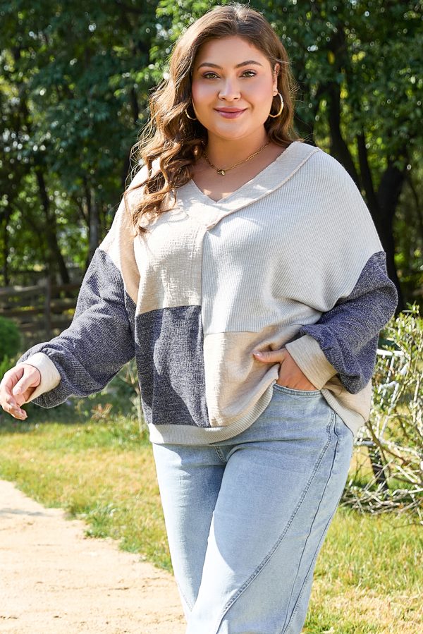 Ashleigh Blue Plus Size Textured Colorblock Patchwork V Neck Top - Image 8