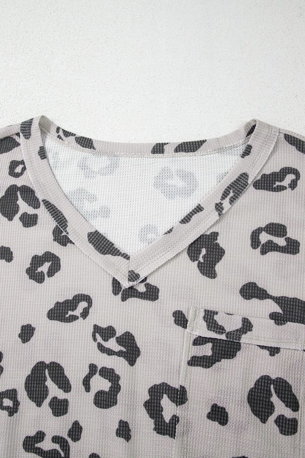 Gray Printed Leopard Balloon Sleeve Thermal Knit Plus Size Top - Image 6