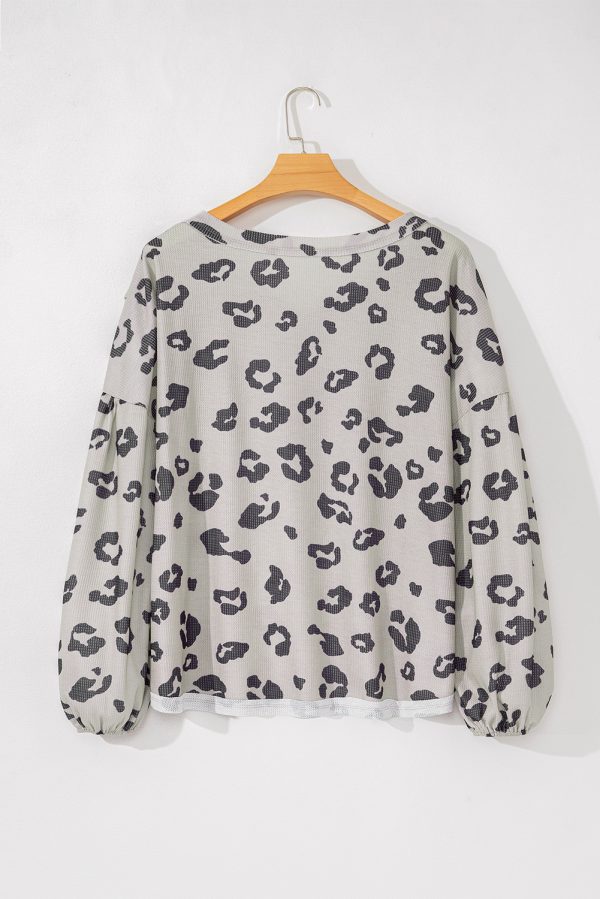 Gray Printed Leopard Balloon Sleeve Thermal Knit Plus Size Top - Image 5