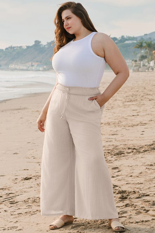 Beige Smocked High Waist Wide Leg Plus Size Pants - Image 6