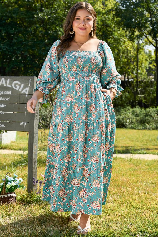 Green Plus Size Floral Print Square Neck Smocked Maxi Dress - Image 7