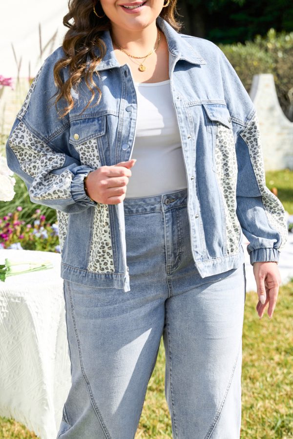 Beau Blue Leopard Patchwork Flap Detail Plus Size Denim Jacket - Image 10