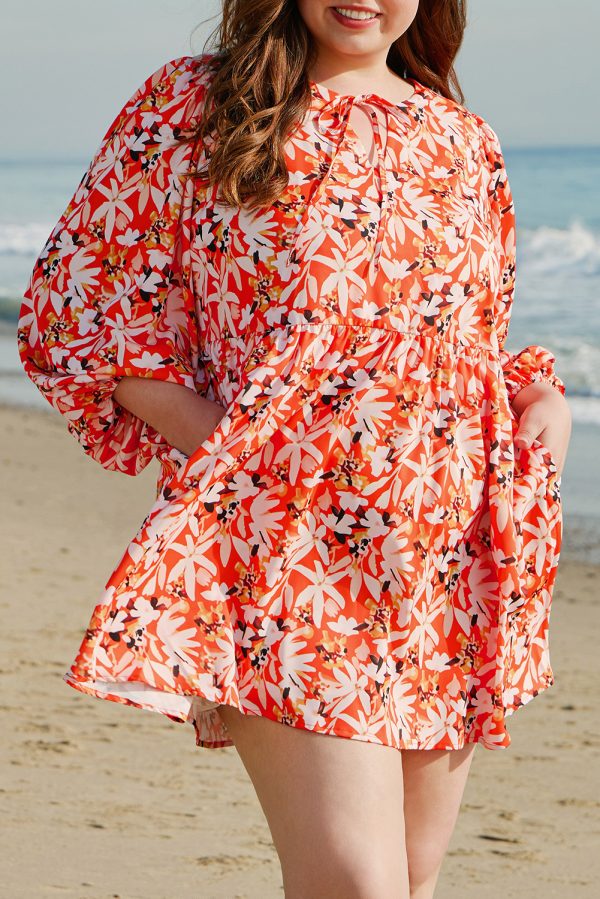 Orange Floral Print Split V Neck Bubble Sleeve Plus Size Midi Dress - Image 8