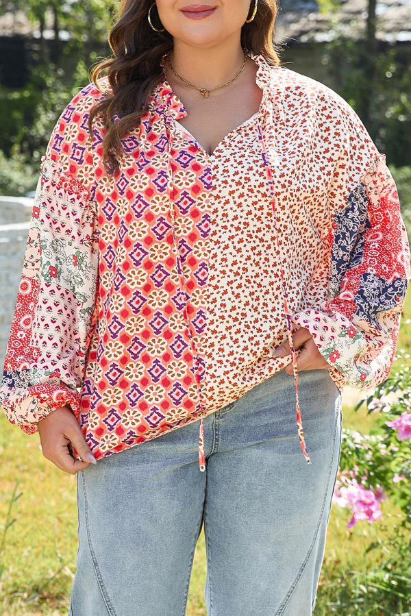 Orange Floral Geometric Patchwork Lace-up Crewneck Plus Size Blouse - Image 7