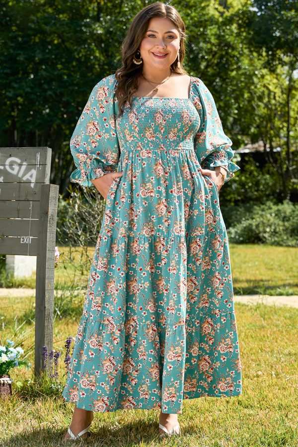 Green Plus Size Floral Print Square Neck Smocked Maxi Dress - Image 6